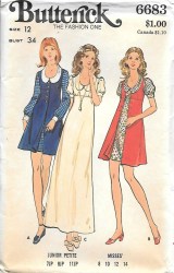 6683 BUTTERICK 1970S SHORT - LONG SLEEVE EMPIRE DRESS LENGTHS, VEST PATTERN 12 34"